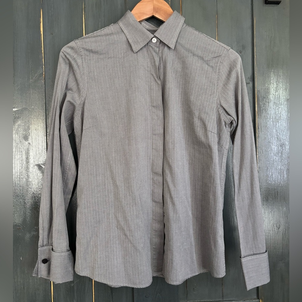 Xx Lands' End women's Long-Sleeve Button-Up Dress Shirt herringbone sz 8 Xx